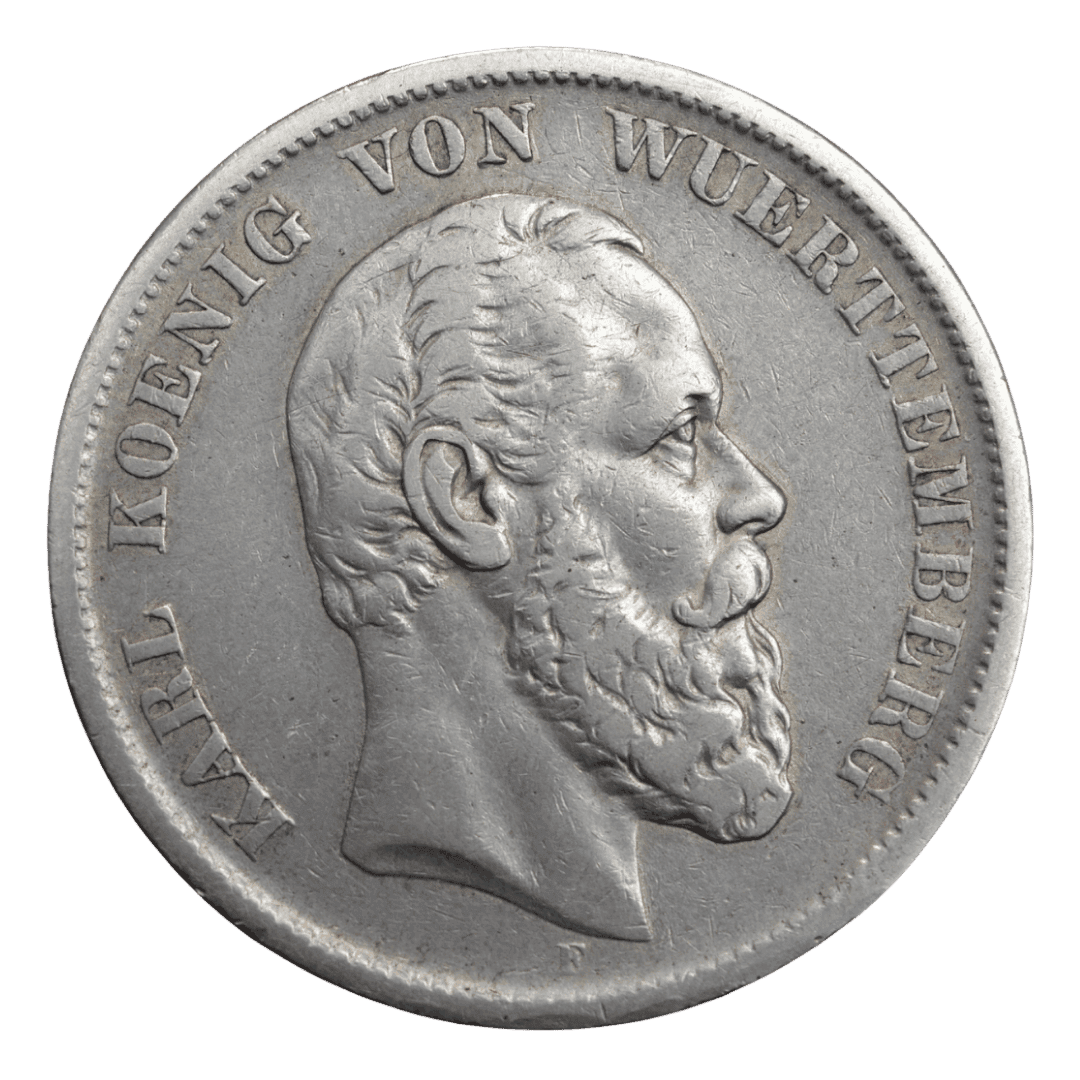 Срібна 5 марок, Німеччина (F, Штутгарт), 1876. Вюртемберг, Карл