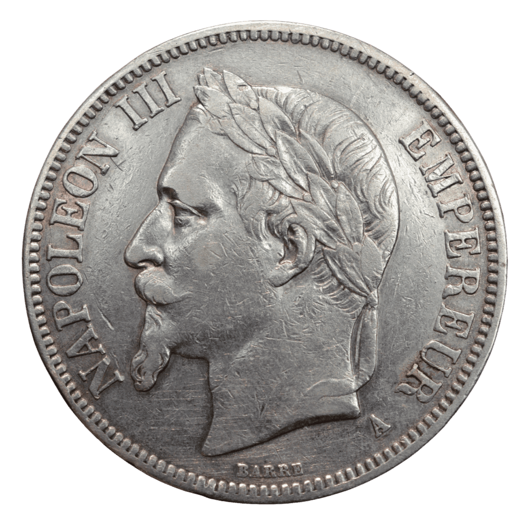 5 франков 1867 года Наполеон III ;    тип портрета — «tête laurée» (широкая голова)