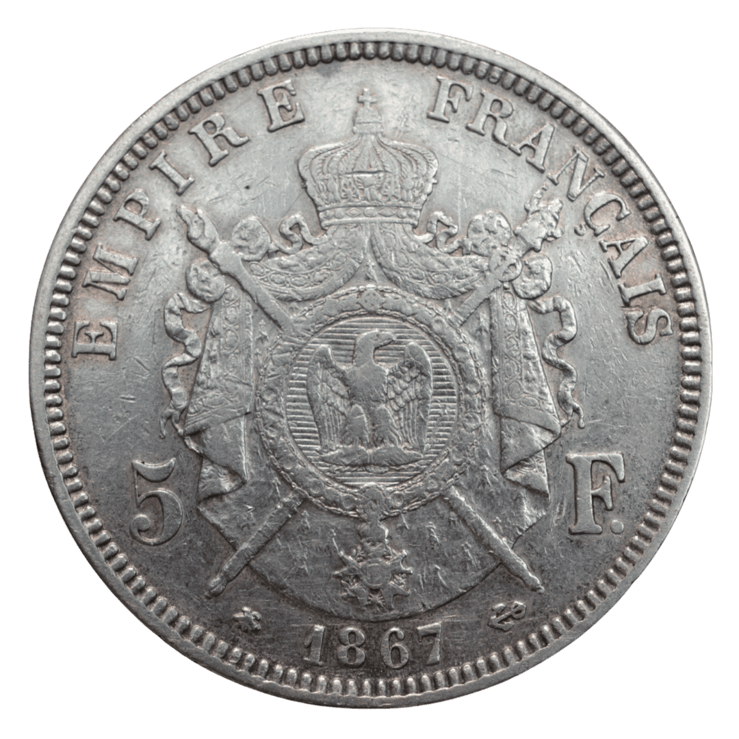 5 франков 1867 года Наполеон III ;    тип портрета — «tête laurée» (широкая голова) — фото 2