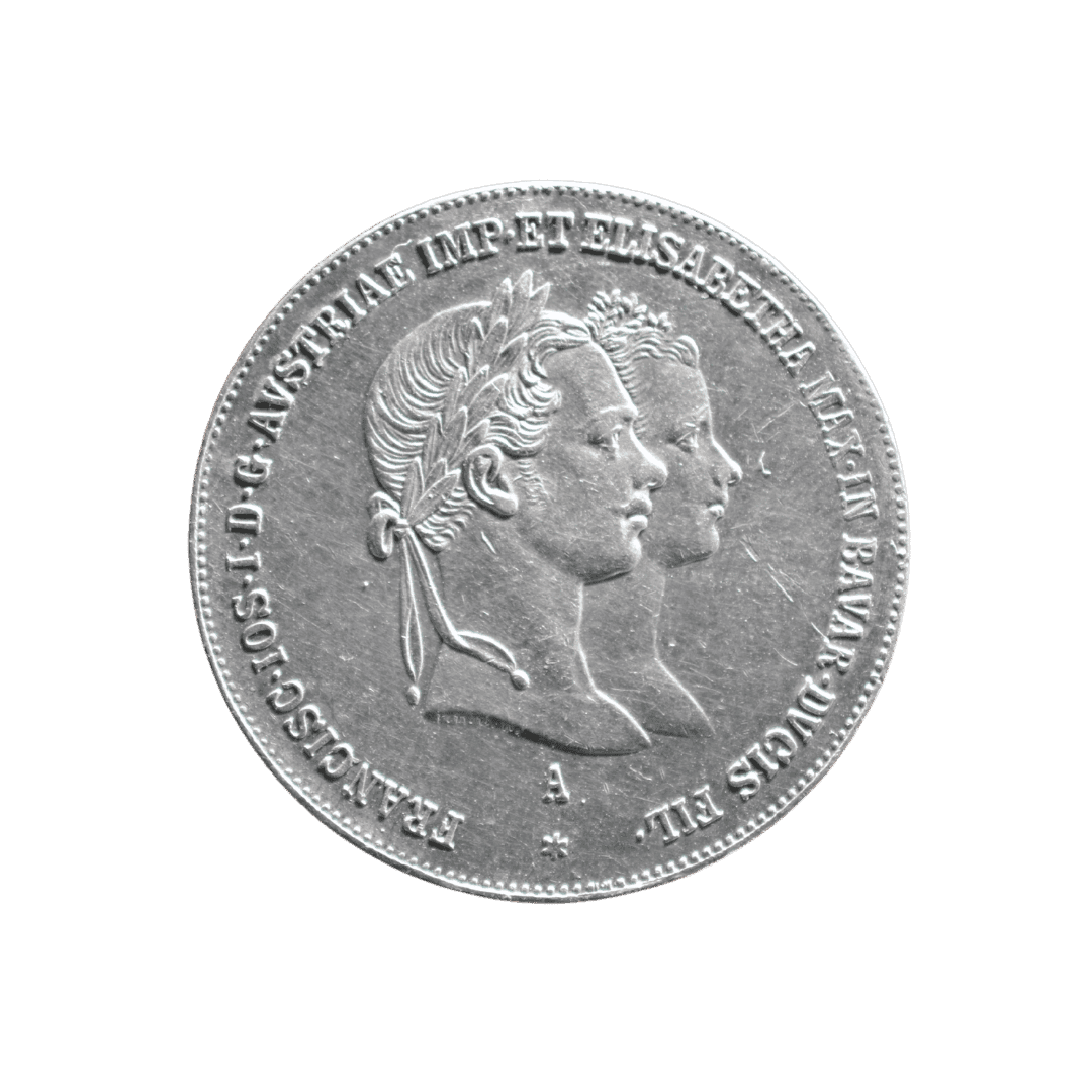 2 Gulden, 1854, Франц Иосиф I и Елизавета. МД — A = Wien (Вена) ✅